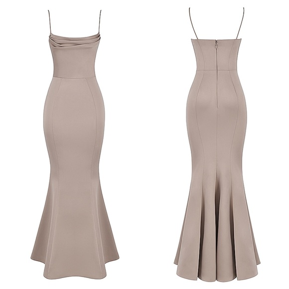 HOUSE OF CB Violette Mushroom Satin Fishtail Gown - Picture 4 of 11